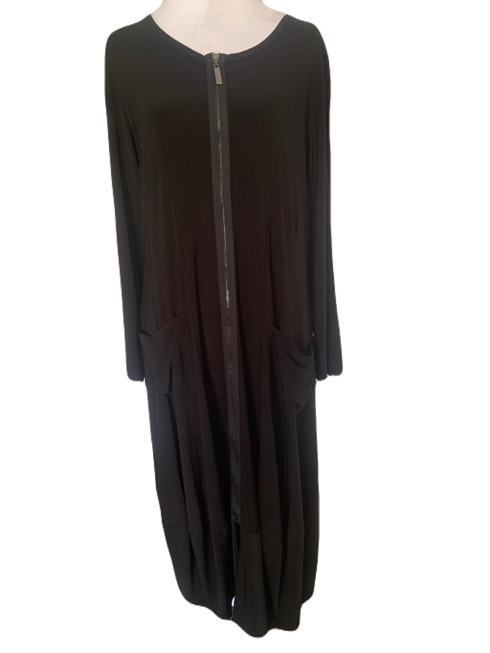 Sun Kim Large Black Zip Front Large Pocket Art to Wear Lagenlook Goth Midi Dress